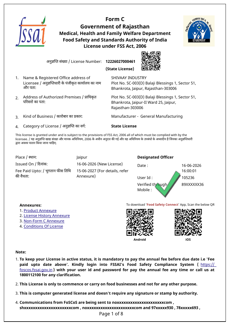Preview of Shivaay Industry FSSAI state licence