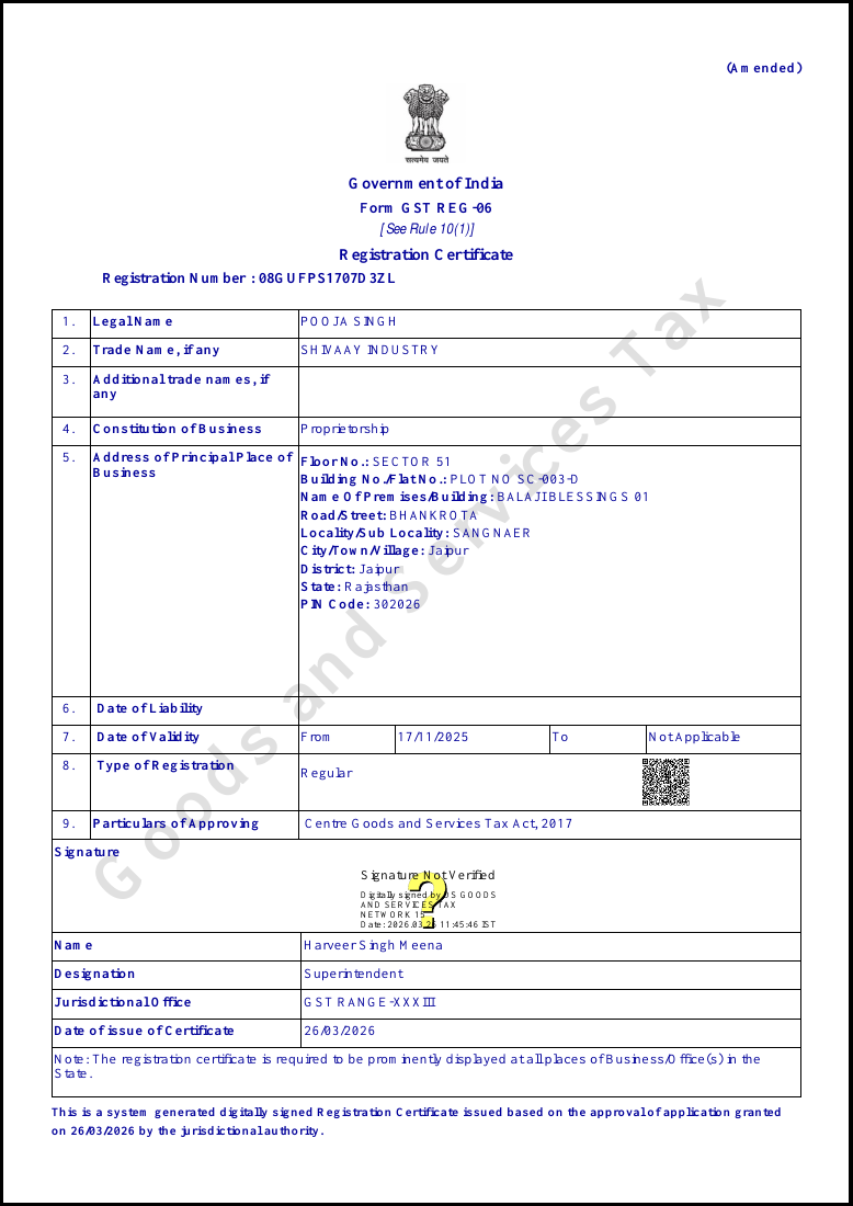 Preview of Shivaay Industry GST registration certificate
