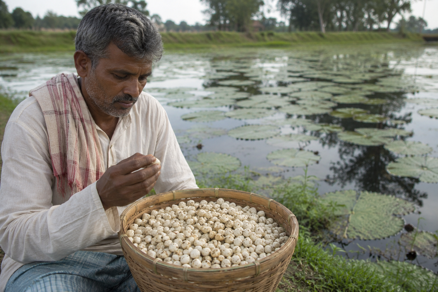 Illustrative scene of a farmer with makhana beside a pond in Bihar