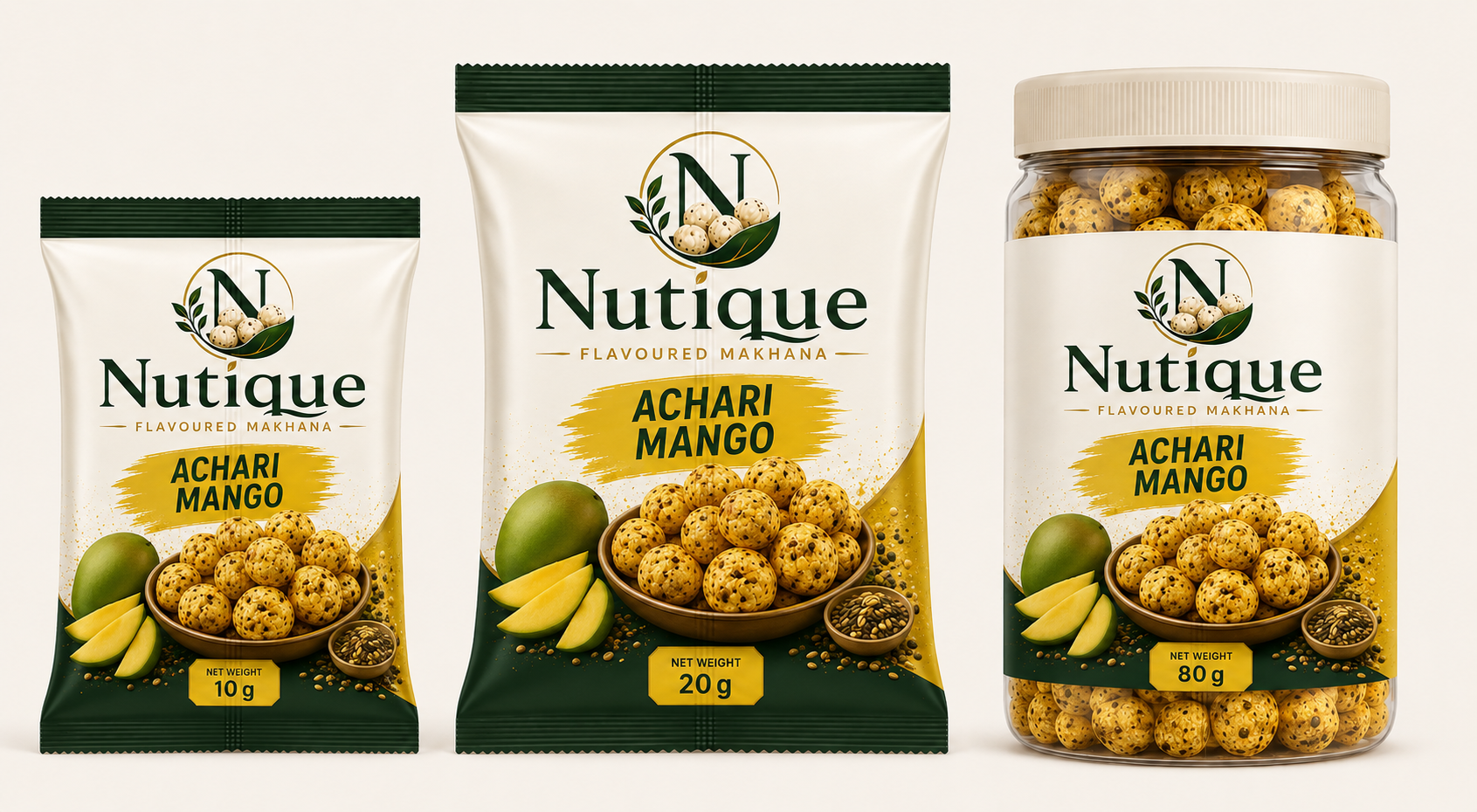 Nutique Achari Mango: 10 g pouch, 20 g pouch and 80 g jar