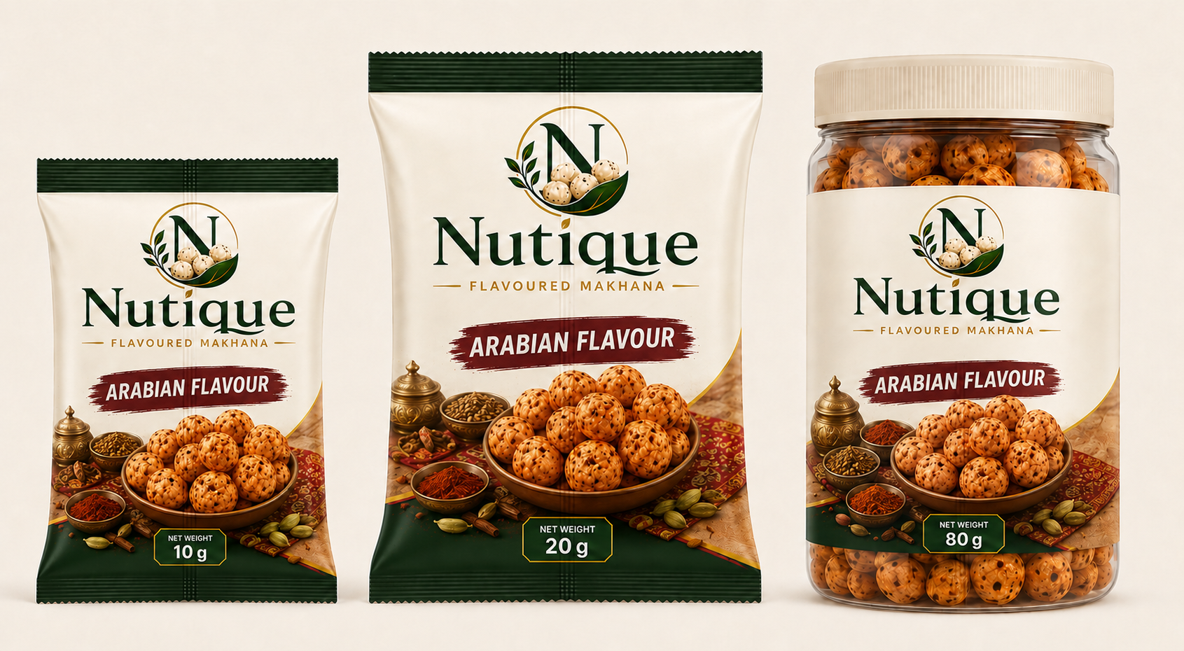 Nutique Arabian Flavour: 10 g pouch, 20 g pouch and 80 g jar