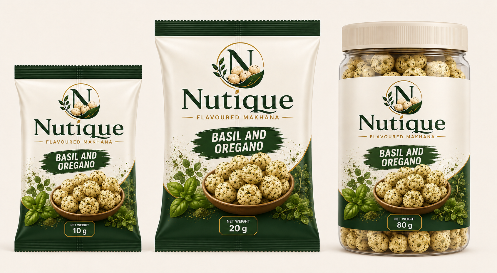Nutique Basil and Oregano: 10 g pouch, 20 g pouch and 80 g jar