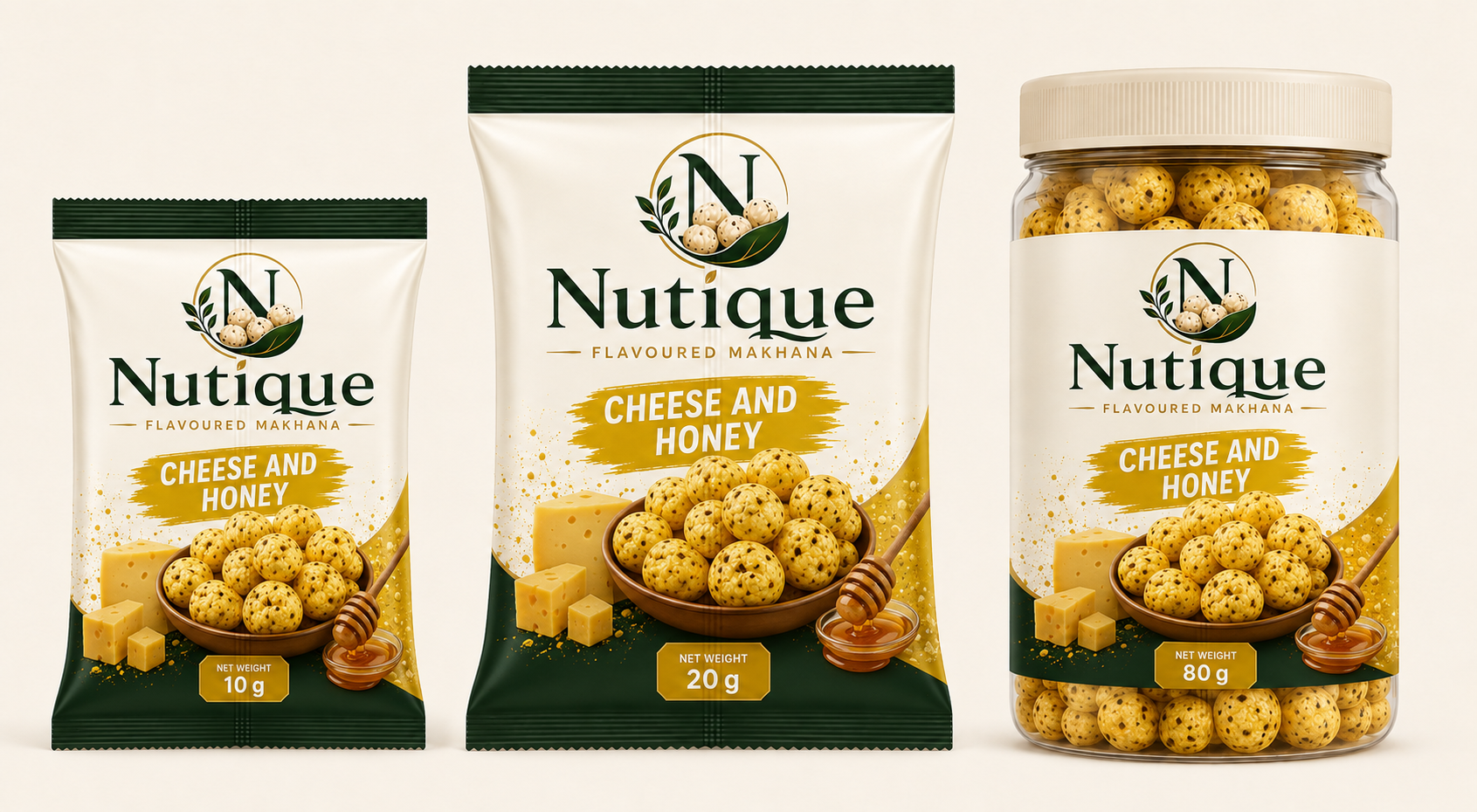 Nutique Cheese and Honey: 10 g pouch, 20 g pouch and 80 g jar