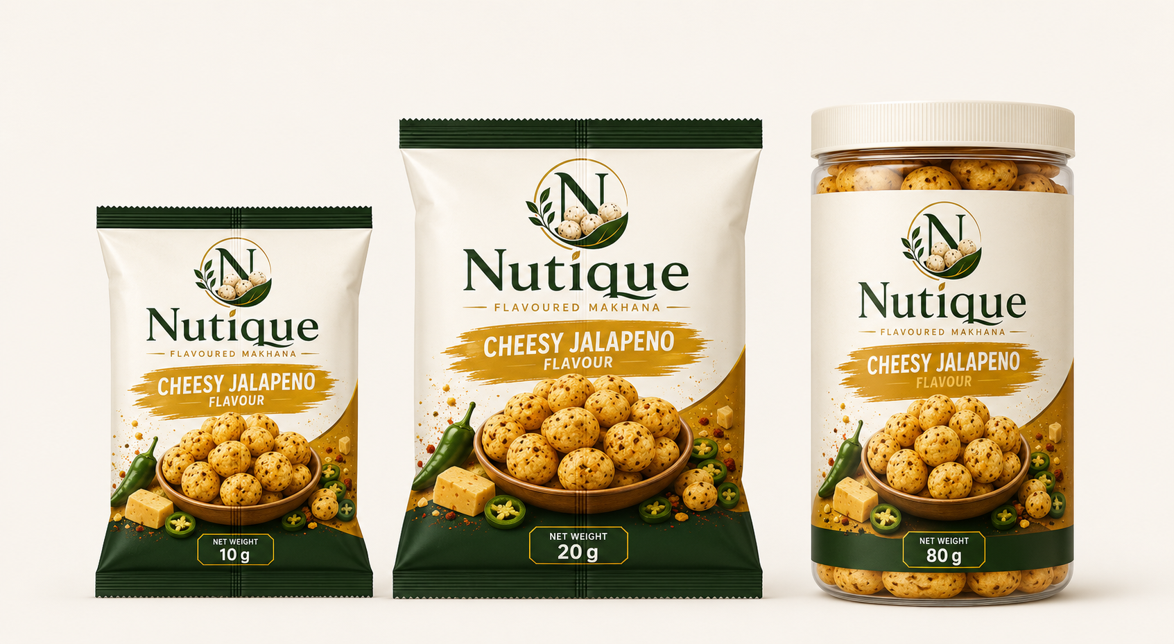 Nutique Cheesy Jalapeno: 10 g pouch, 20 g pouch and 80 g jar