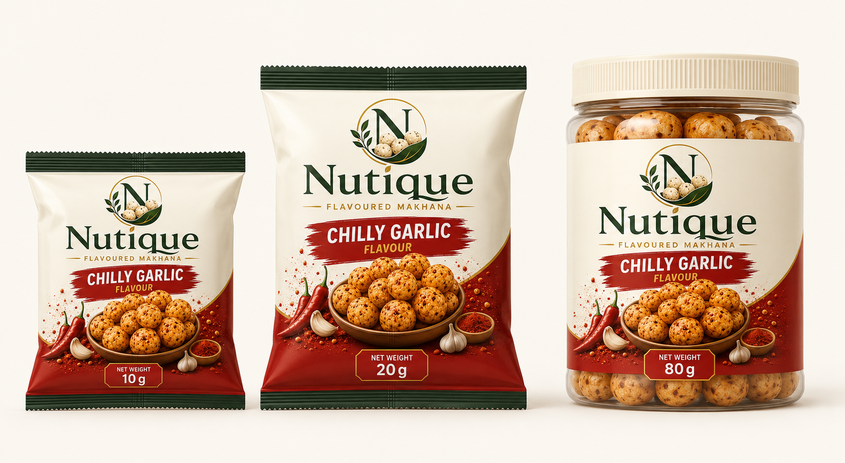 Nutique Chilly Garlic: 10 g pouch, 20 g pouch and 80 g jar