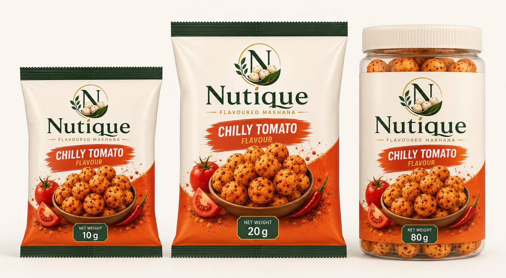 Nutique Chilly Tomato: 10 g pouch, 20 g pouch and 80 g jar