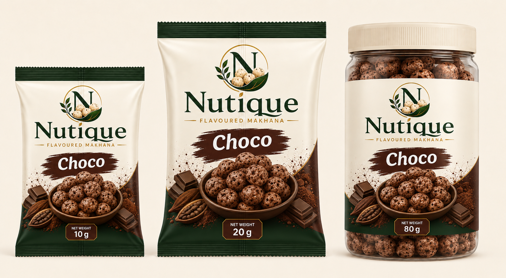 Nutique Choco: 10 g pouch, 20 g pouch and 80 g jar