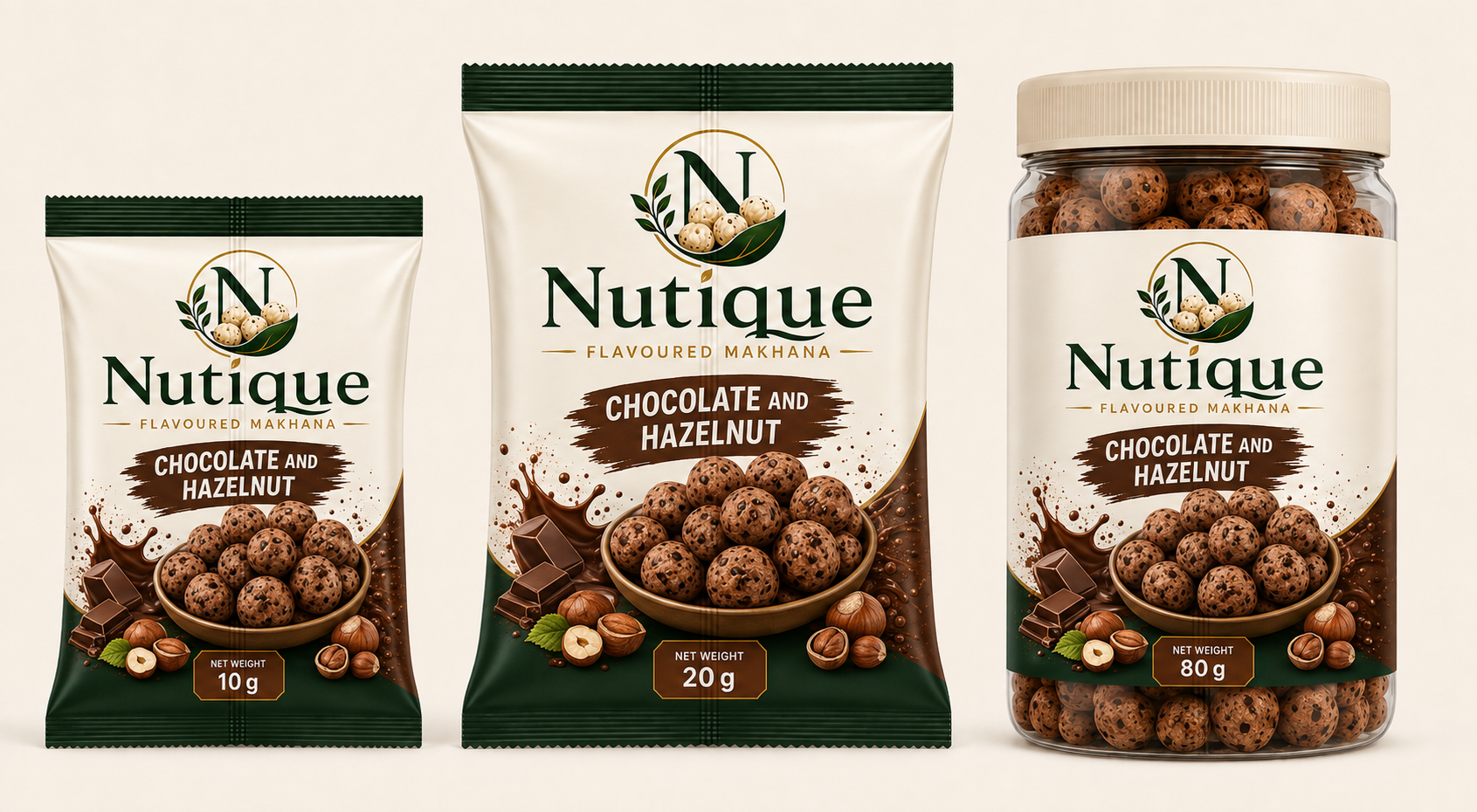 Nutique Chocolate and Hazelnut: 10 g pouch, 20 g pouch and 80 g jar