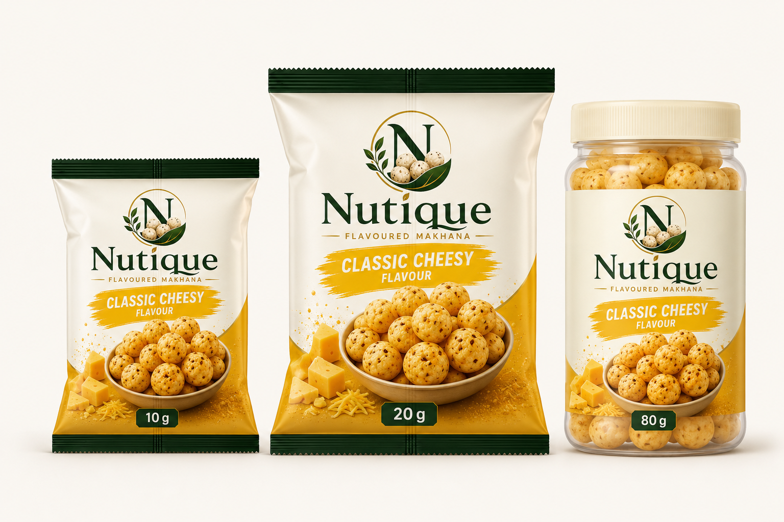 Nutique Classic Cheesy: 10 g pouch, 20 g pouch and 80 g jar