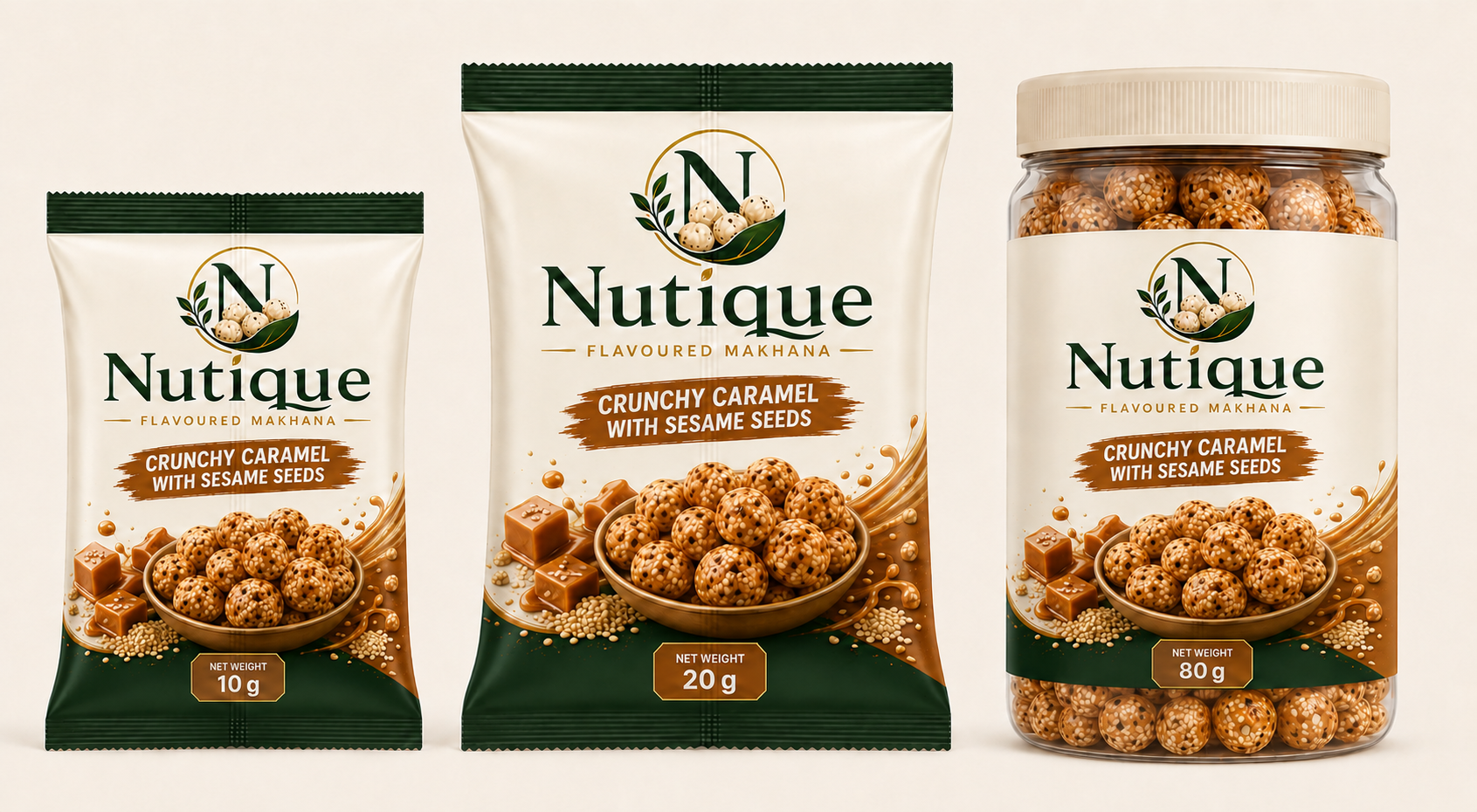 Nutique Crunchy Caramel with Sesame Seeds: 10 g pouch, 20 g pouch and 80 g jar