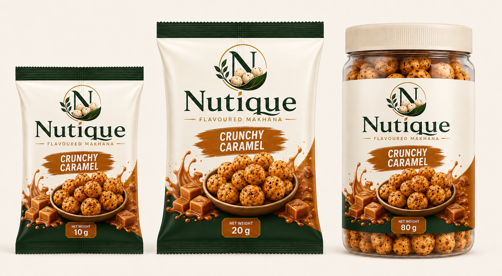Nutique Crunchy Caramel: 10 g pouch, 20 g pouch and 80 g jar