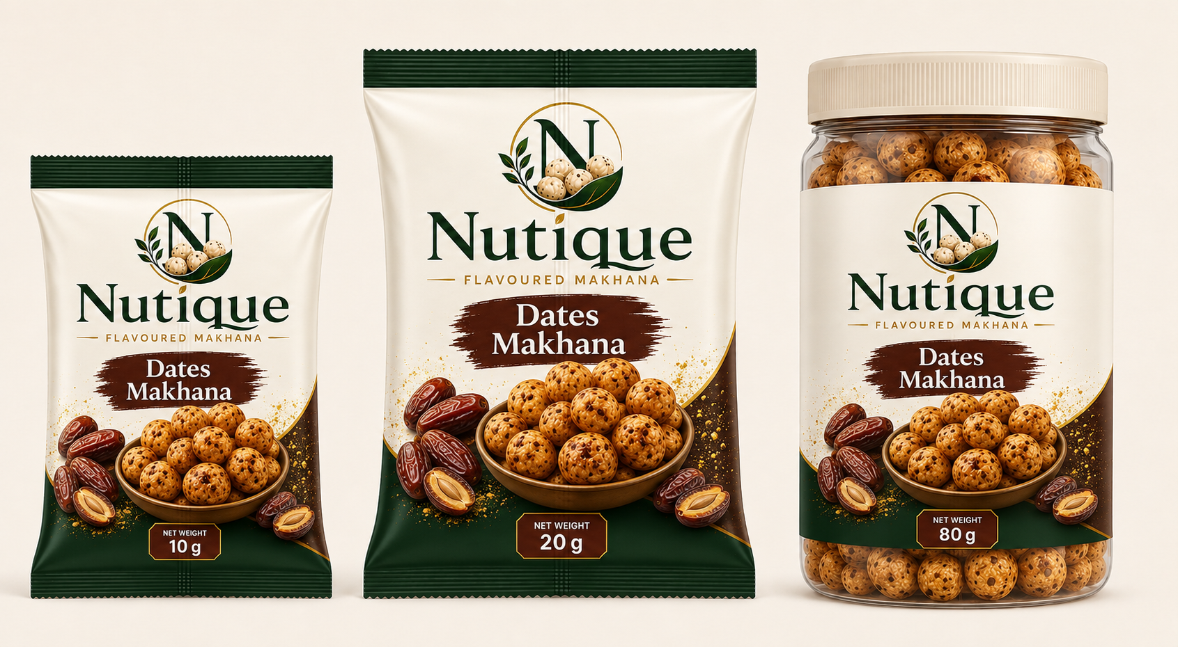 Nutique Dates Makhana: 10 g pouch, 20 g pouch and 80 g jar