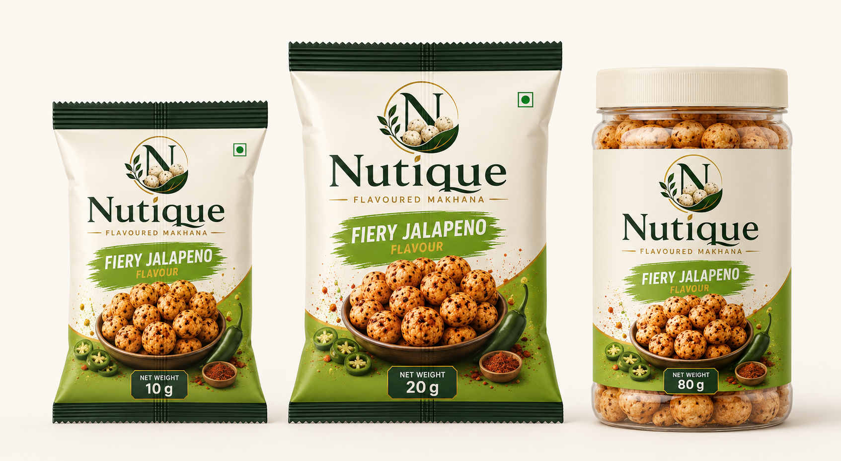 Nutique Fiery Jalapeno: 10 g pouch, 20 g pouch and 80 g jar