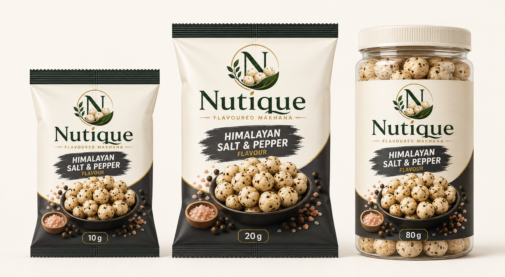 Nutique Himalayan Salt & Pepper: 10 g pouch, 20 g pouch and 80 g jar