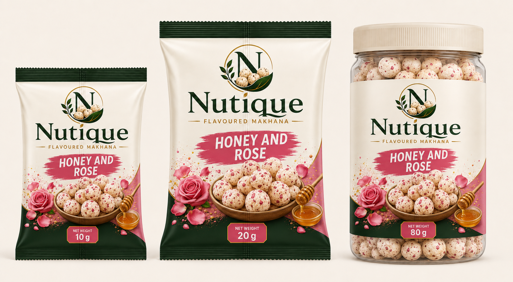 Nutique Honey and Rose: 10 g pouch, 20 g pouch and 80 g jar