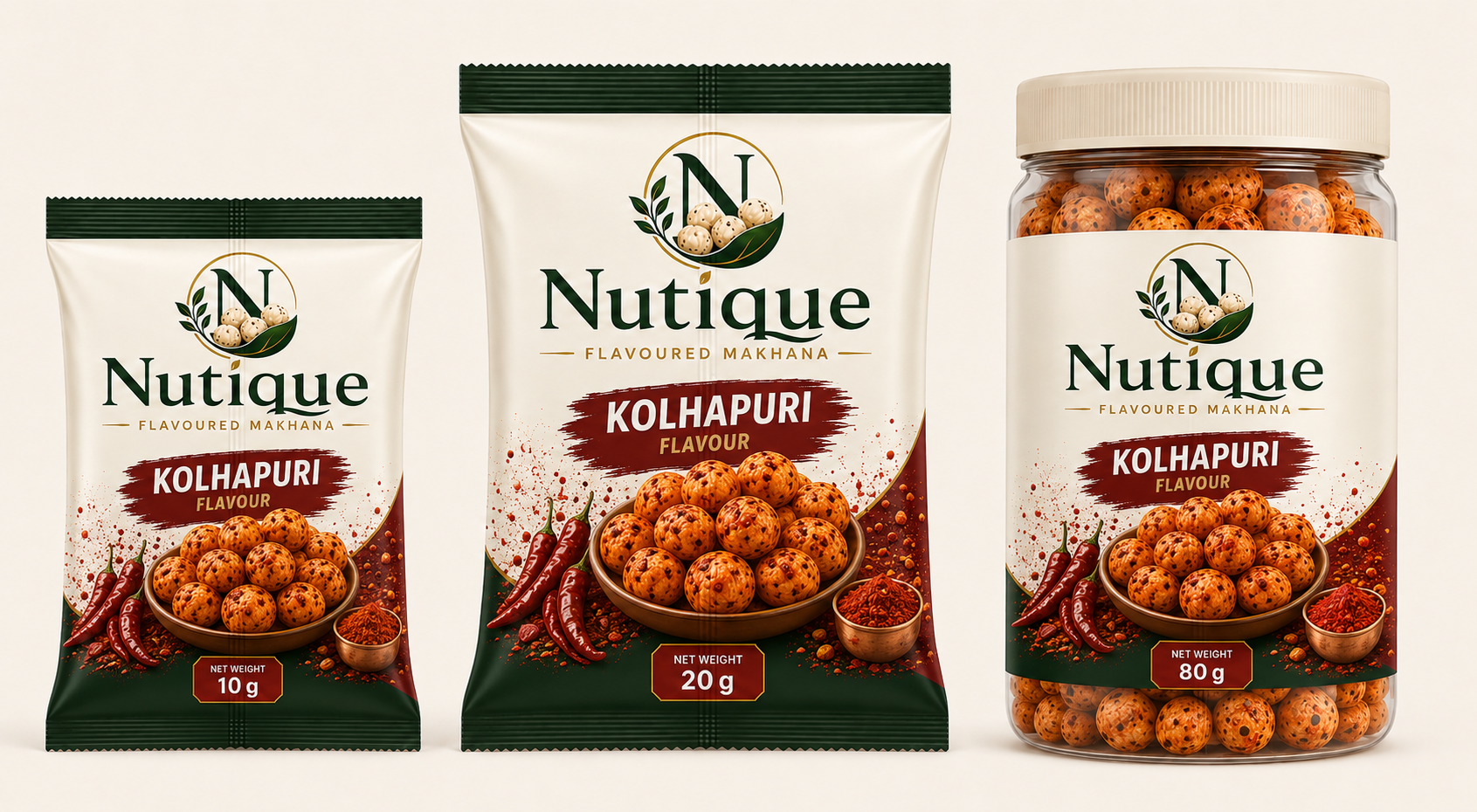 Nutique Kolhapuri: 10 g pouch, 20 g pouch and 80 g jar