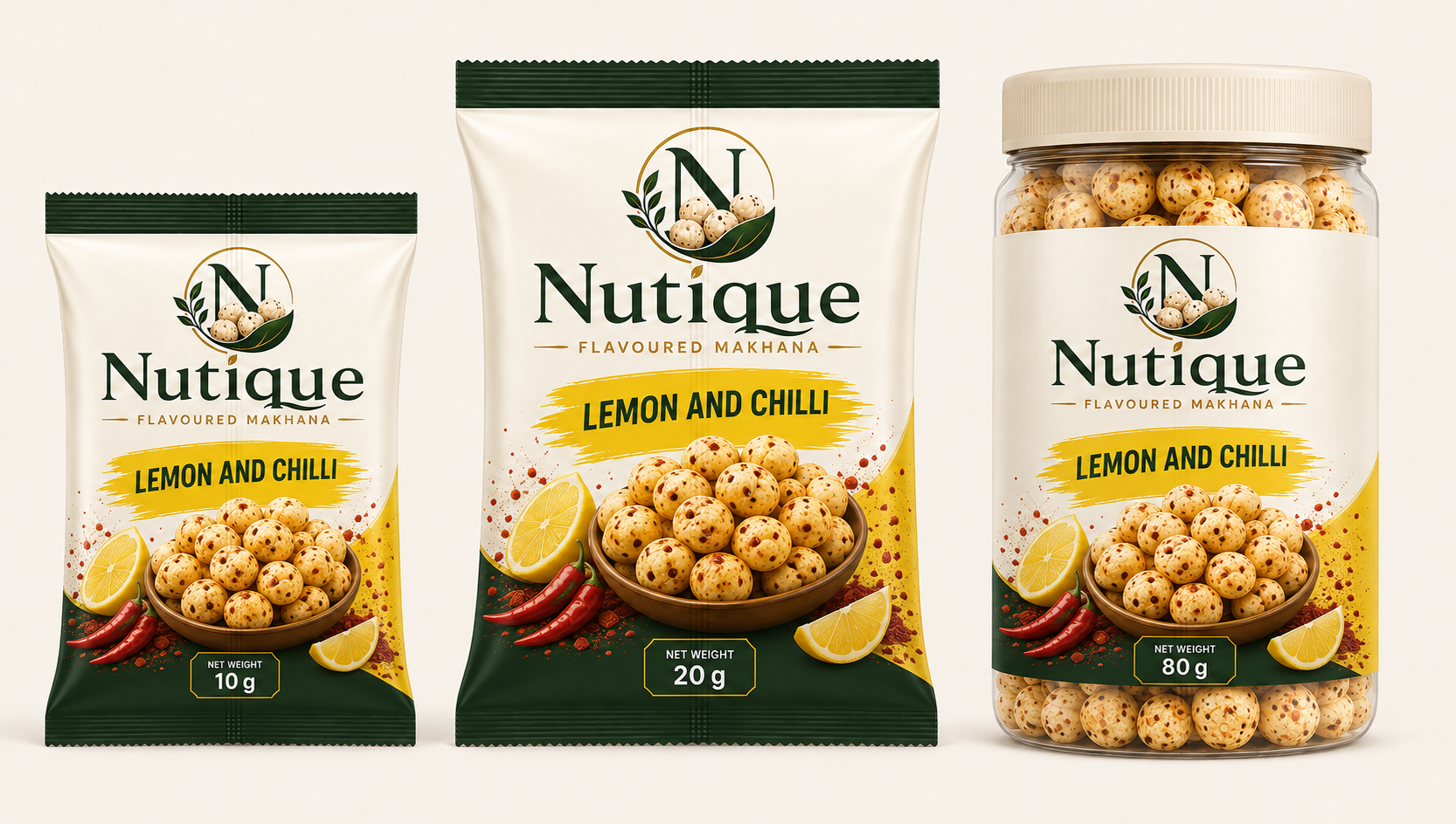 Nutique Lemon and Chilli: 10 g pouch, 20 g pouch and 80 g jar