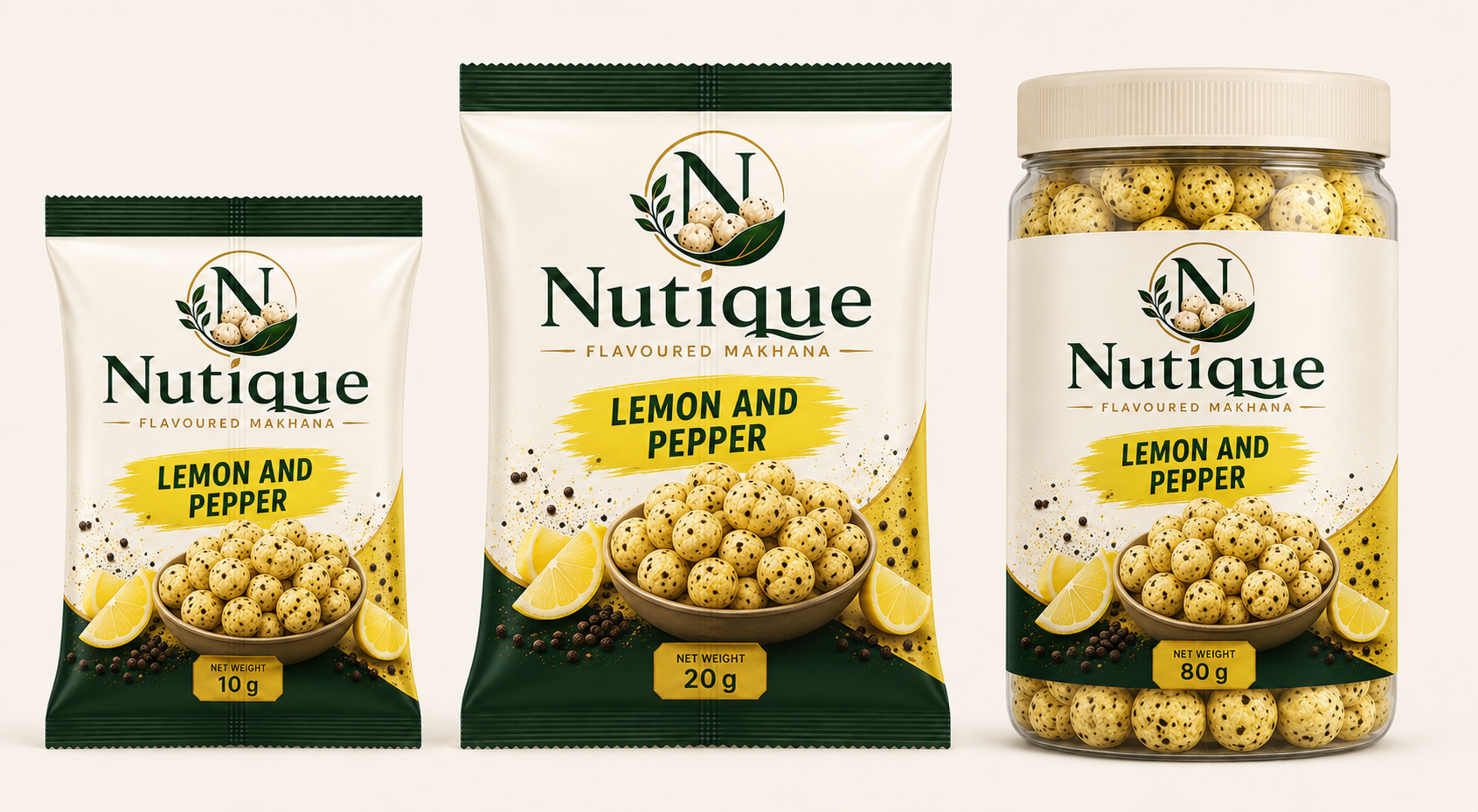 Nutique Lemon and Pepper: 10 g pouch, 20 g pouch and 80 g jar