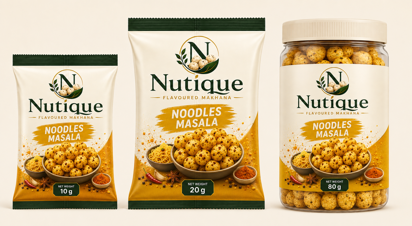 Nutique Noodles Masala: 10 g pouch, 20 g pouch and 80 g jar