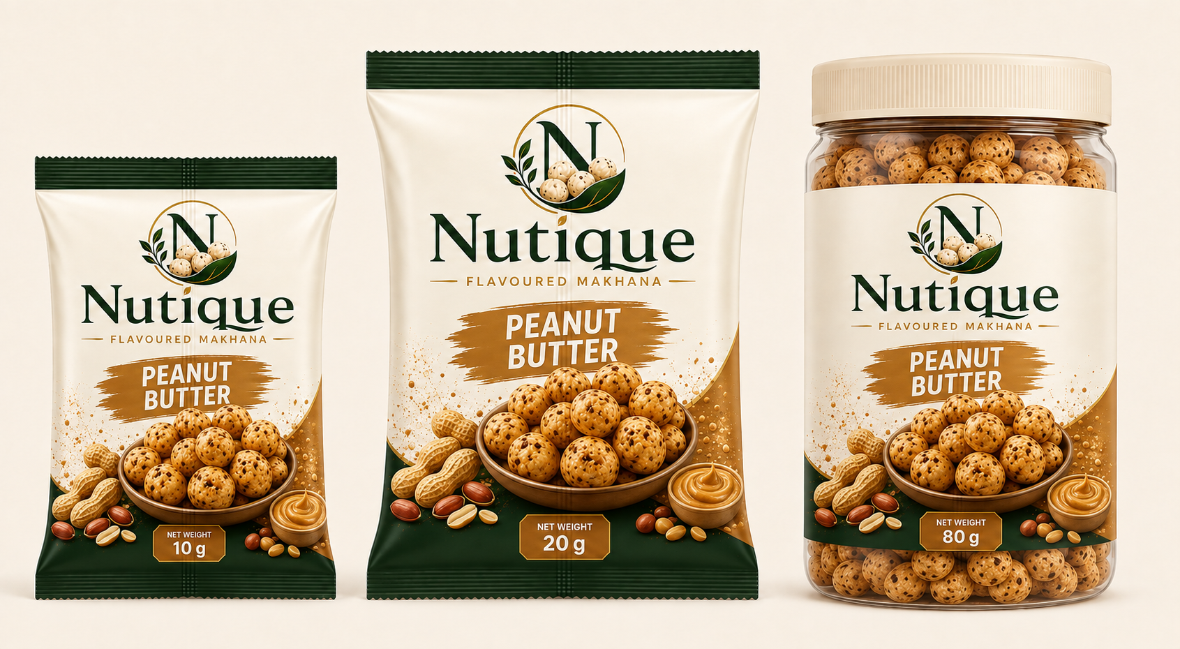 Nutique Peanut Butter: 10 g pouch, 20 g pouch and 80 g jar