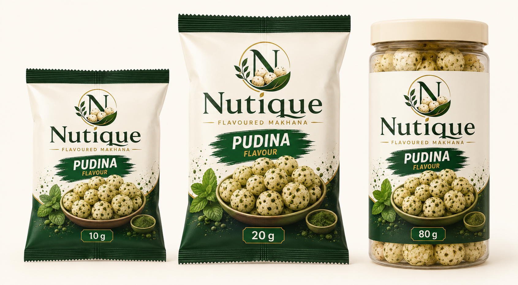 Nutique Pudina: 10 g pouch, 20 g pouch and 80 g jar