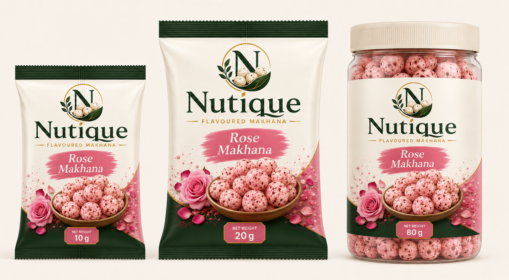 Nutique Rose Makhana: 10 g pouch, 20 g pouch and 80 g jar