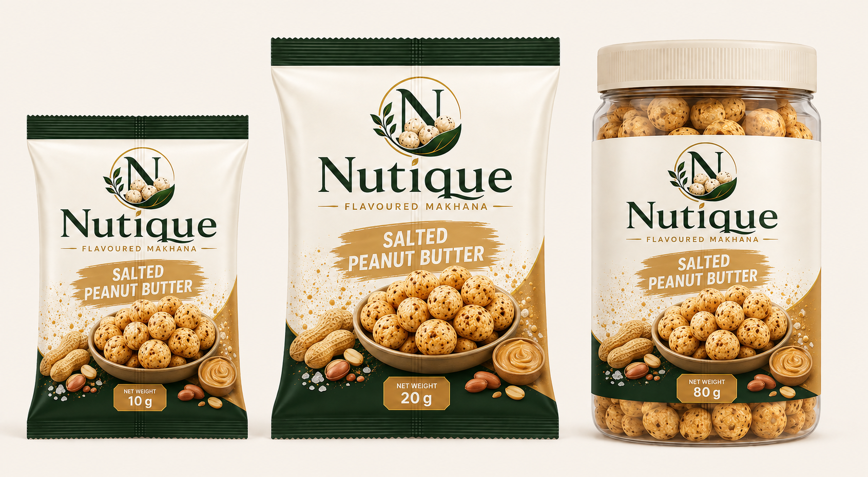 Nutique Salted Peanut Butter: 10 g pouch, 20 g pouch and 80 g jar
