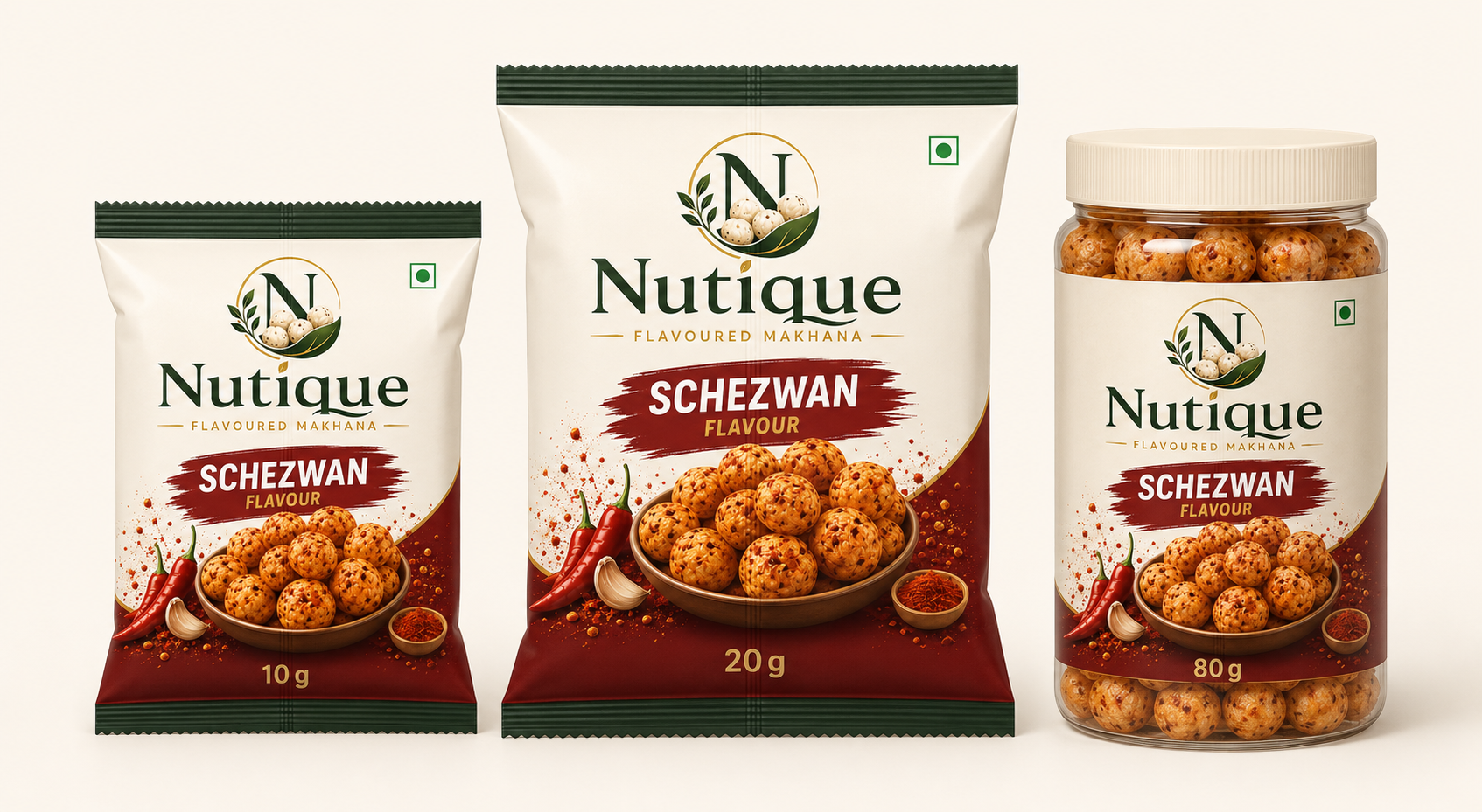Nutique Schezwan: 10 g pouch, 20 g pouch and 80 g jar