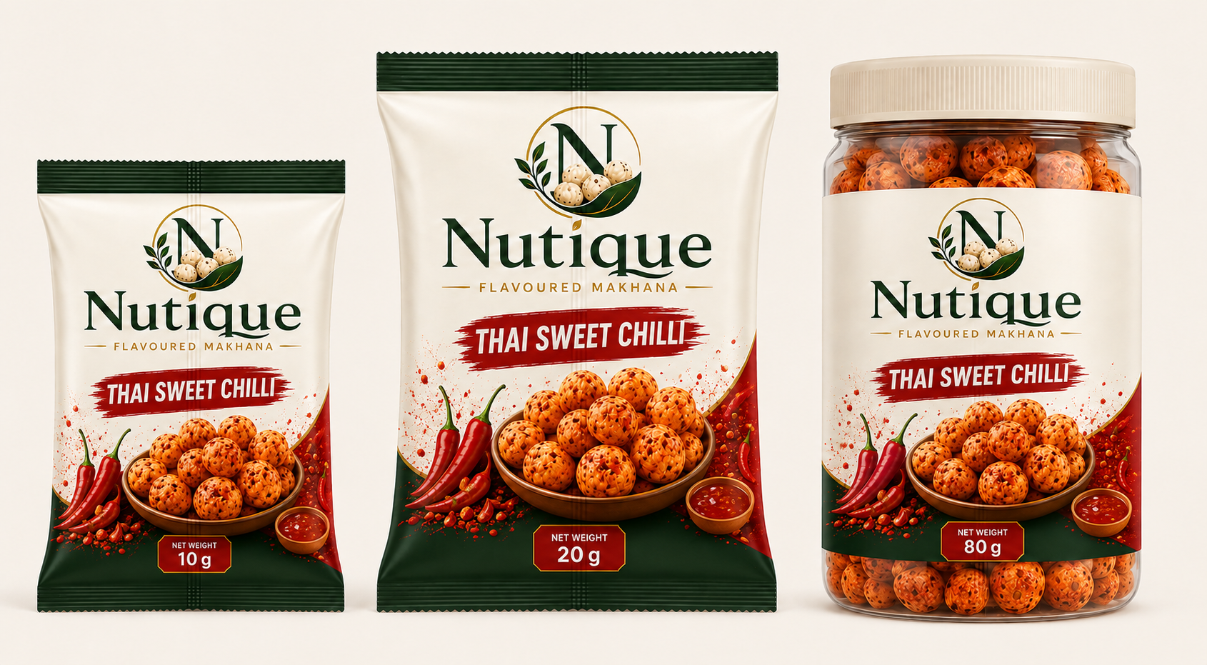 Nutique Thai Sweet Chilli: 10 g pouch, 20 g pouch and 80 g jar