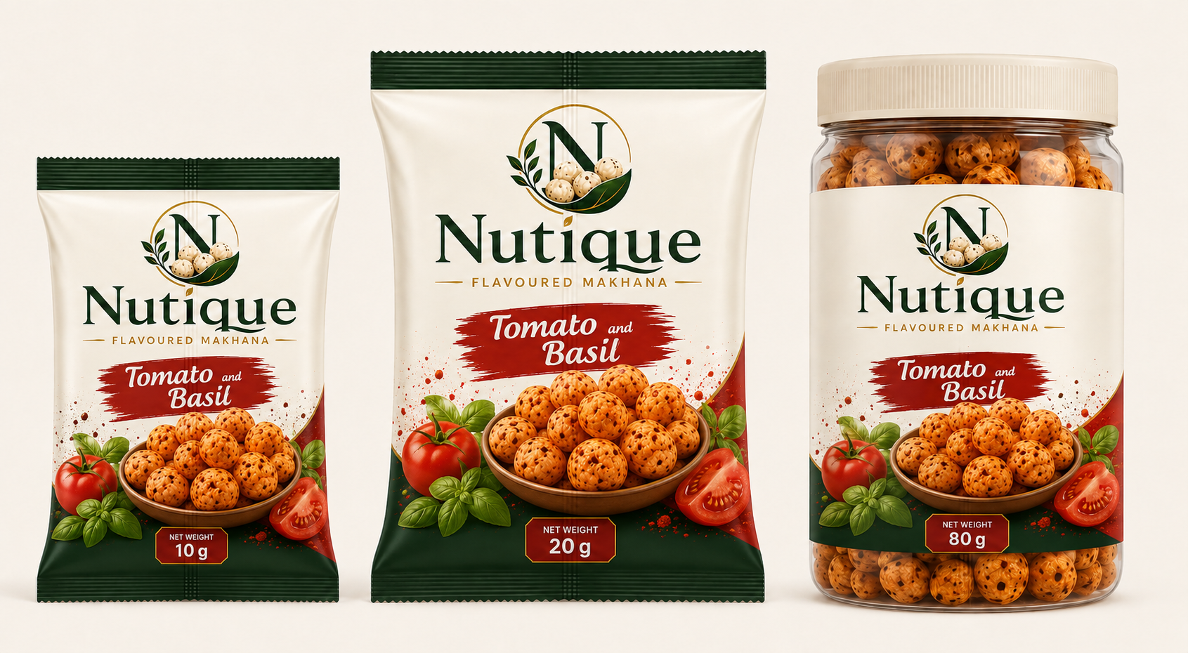 Nutique Tomato and Basil: 10 g pouch, 20 g pouch and 80 g jar