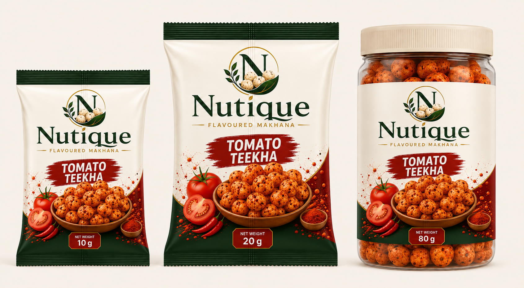 Nutique Tomato Teekha: 10 g pouch, 20 g pouch and 80 g jar