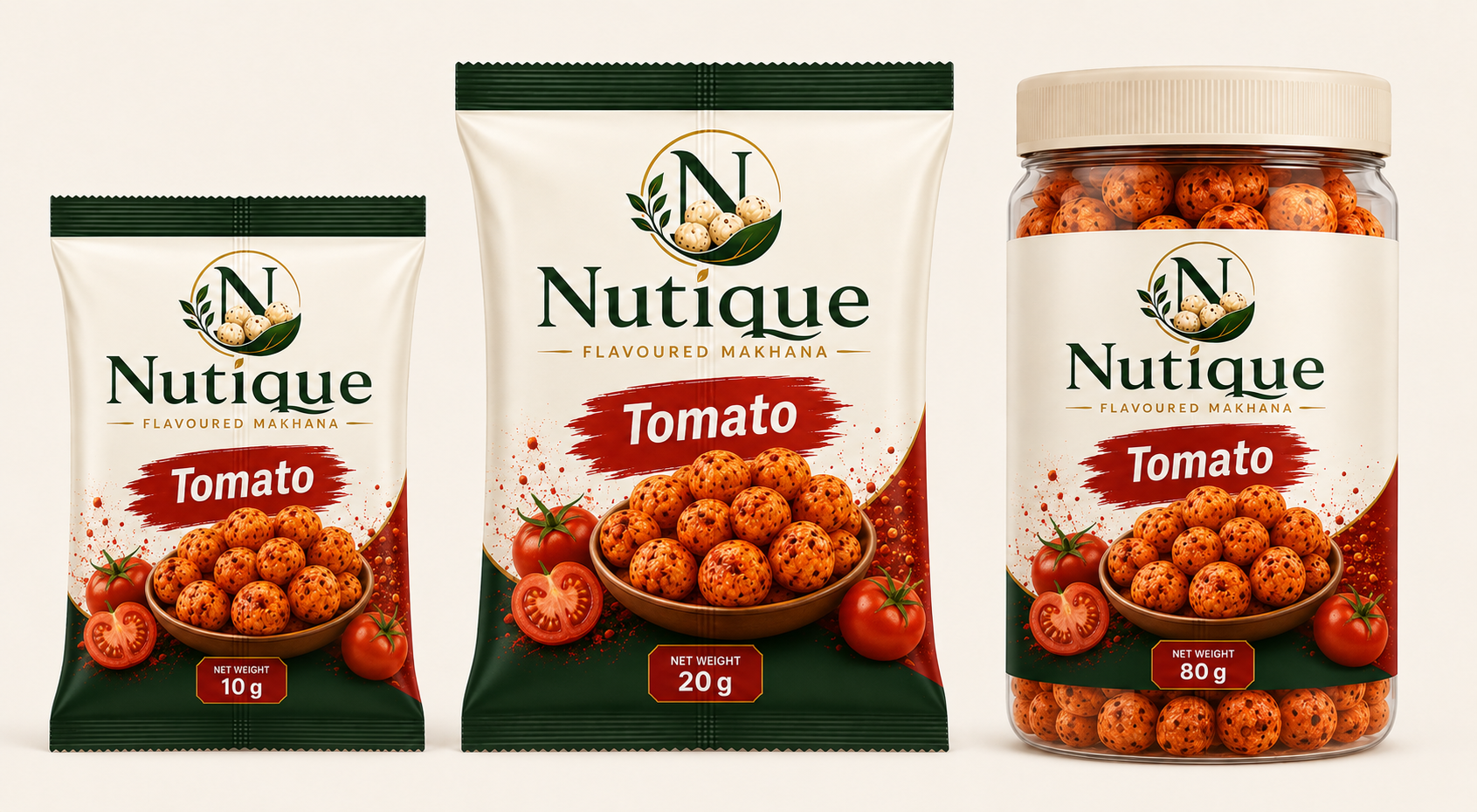 Nutique Tomato: 10 g pouch, 20 g pouch and 80 g jar