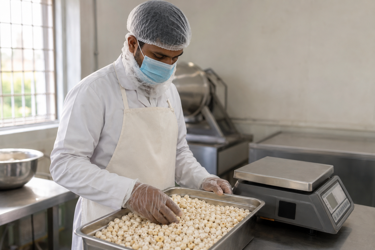 Illustrative protected food handler checking makhana in a stainless-steel tray